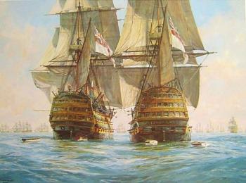 Victory races Temeraire for the enemy line, Trafalgar, 21st October 1805